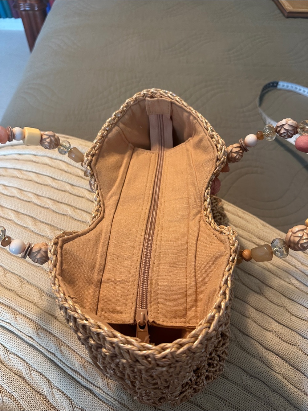 Blue Miami Handmade Beaded Handle Woven Straw Tote in Natural Brown - Picture 9 of 9
